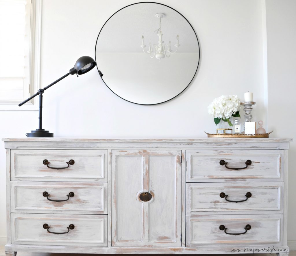 The dresser white washed to achieve a distressed using leftover paint.