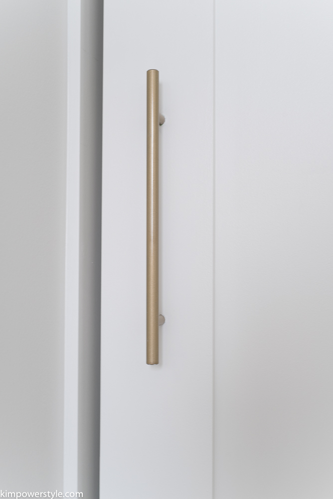 A Modern Barn door with brass hardware.