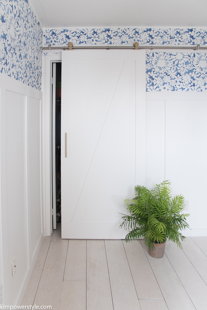 Modern barn door with brass hardware